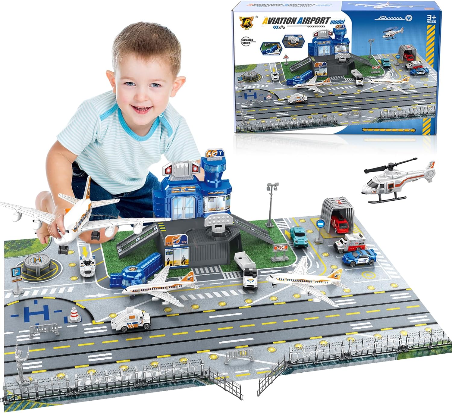 Play Mat - ชุดของเล่นฉากสนามบินสำหรับเด็กพร้อมรถยนต์ เฮลิคอปเตอร์ เครื่องบิน หอคอย และแผ่นรองเล่นสนามบิน โมเดลเครื่องบินขนส่ง