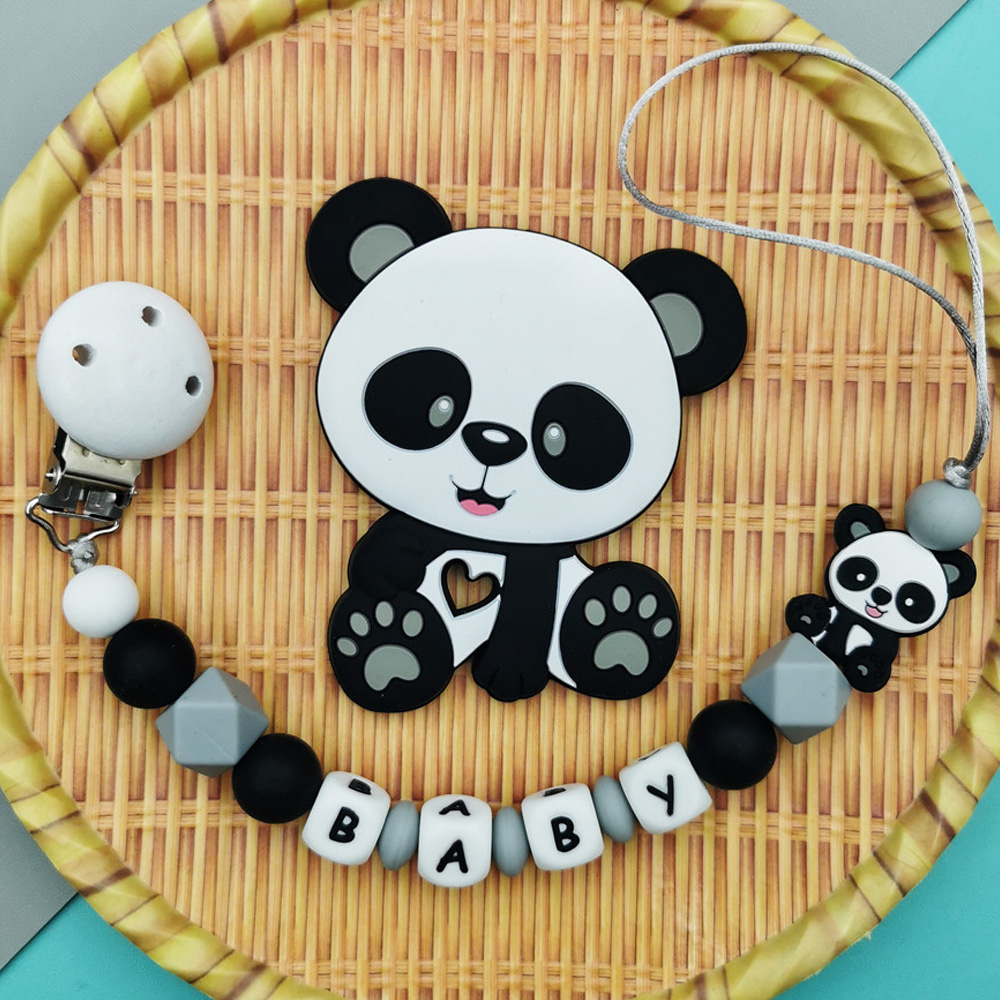 Baby Teethers - คลิปหนีบจุกนมหลอกซิลิโคนรูปแพนด้าแบบปรับแต่งชื่อได้ ของเล่นเด็กกันกระแทก ของขวัญน่ารัก