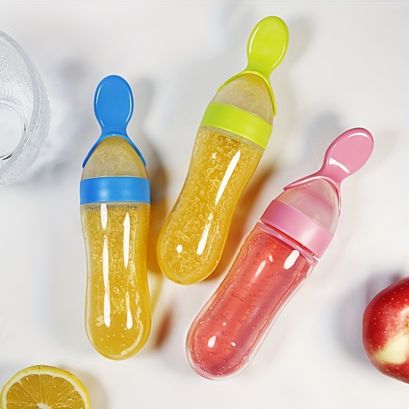 Baby Products Distributor - ขวดนมซิลิโคนพร้อมช้อนสำหรับเด็กทารก, ช้อนจ่ายอาหารขนาด 3 ออนซ์, ช้อนบีบอาหาร, เหมาะสำหรับเด็กวัยหัดเดินทั้งเด็กชายและเด็กหญิง