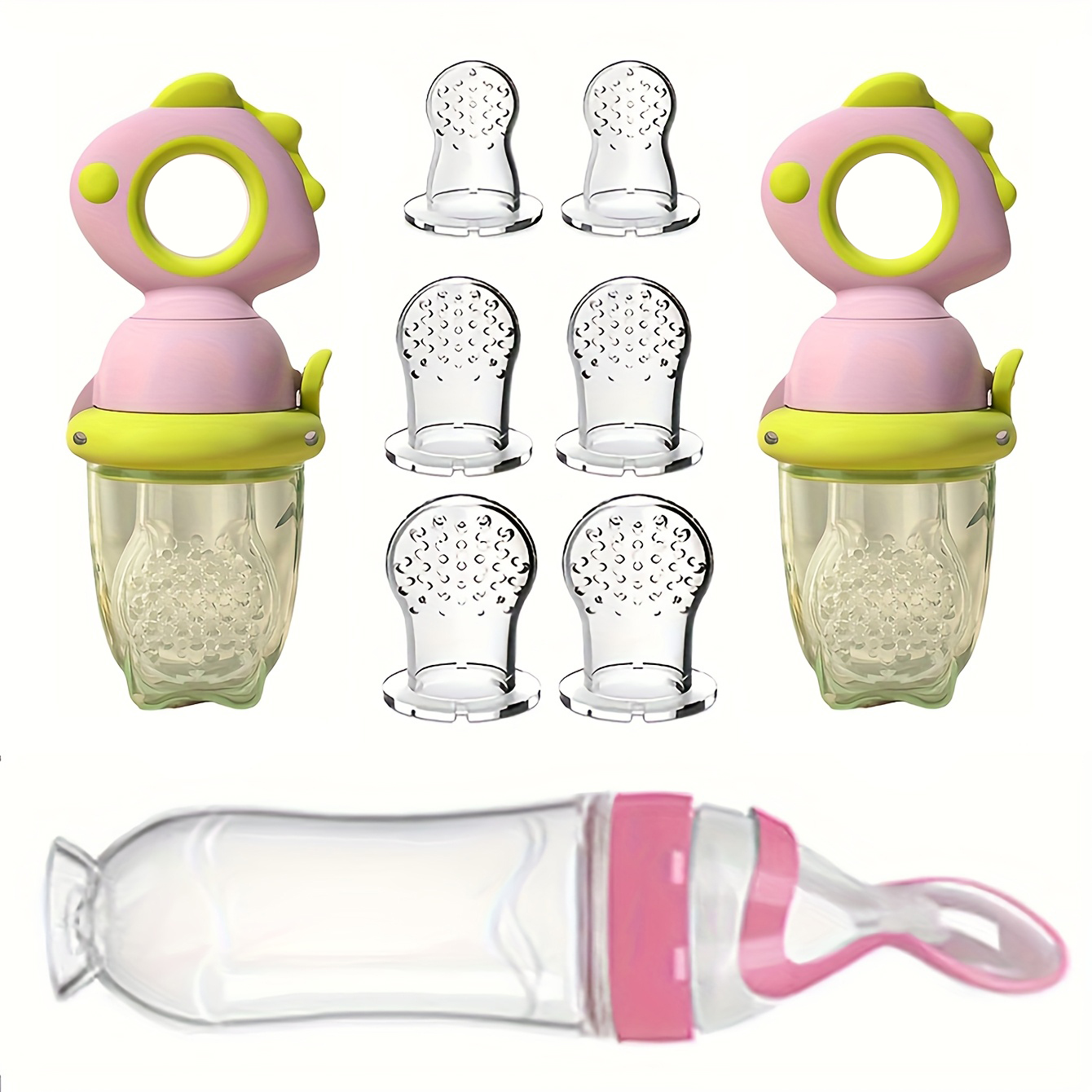 Baby Products Distributor - ชุดป้อนอาหารเด็ก 9 ชิ้น: ประกอบด้วยเครื่องจ่ายป้อนผลไม้แบบกดหมุนไดโนเสาร์, ขวดนมซิลิโคน, กระเป๋าซิลิโคน-S